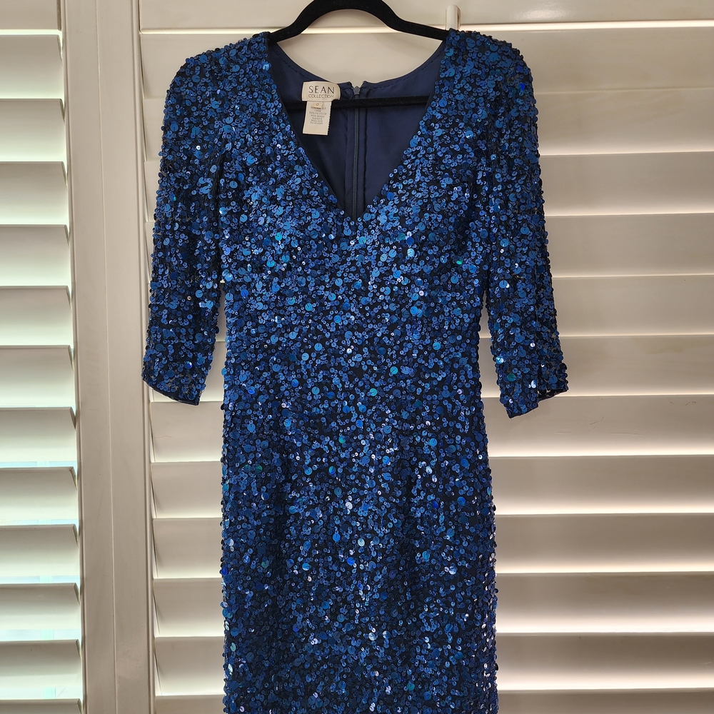 Vintage Sean Collection Blue Sequin Long Sleeve Dress